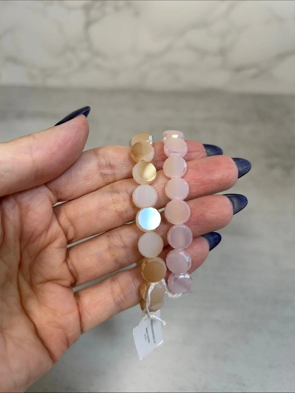 2 Faceted Round Crystal Bead Stretch Bracelets - Pink & Beige